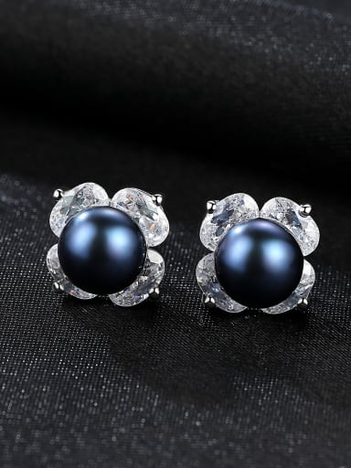Sterling Silver 3A Zircon Flower Black Pearl Earrings