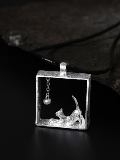 S925 Silver Lovely Cat Square Pendant