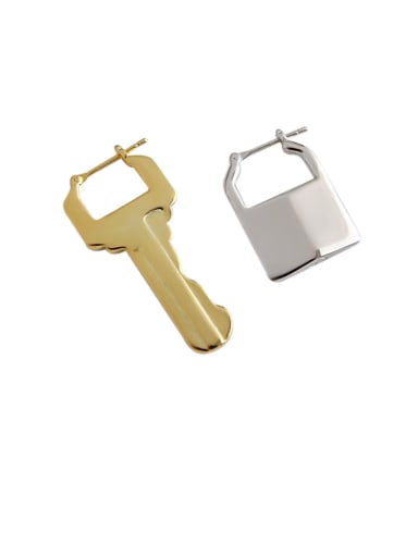 925 Sterling Silver With Gold Plated Simplistic Asymmetric Lock Key  Clip On Earrings