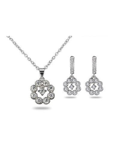 Elegant Platinum Plated Flower Shaped 4A Zircon Two Pieces Jewelry Set