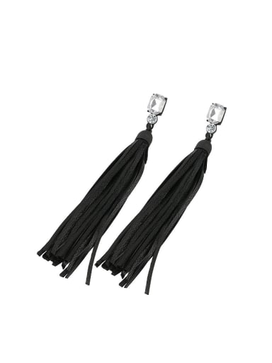 Personalized White Resin stone Black Leather Tassels Drop Earrings
