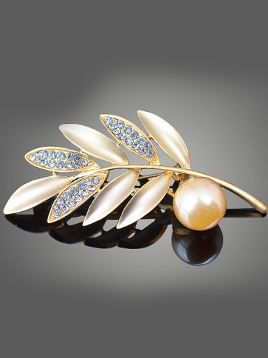 custom Simple Leaves Artificial Pearl White Rhinestones Brooch