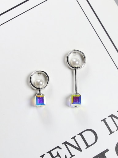 Simple Cubic Crystals Tiny Imitation Peals Hollow Round 925 Silver Stud Earrigns