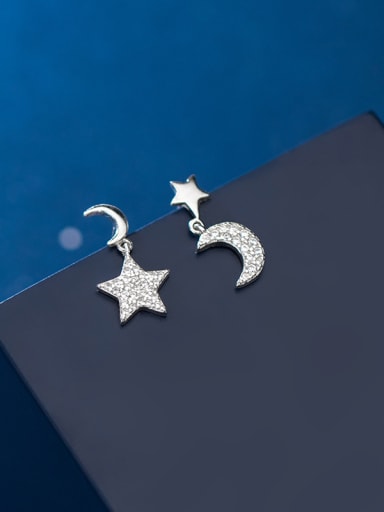 925 Sterling Silver With Platinum Plated Cute Asymmetry Star Moon Drop Earrings