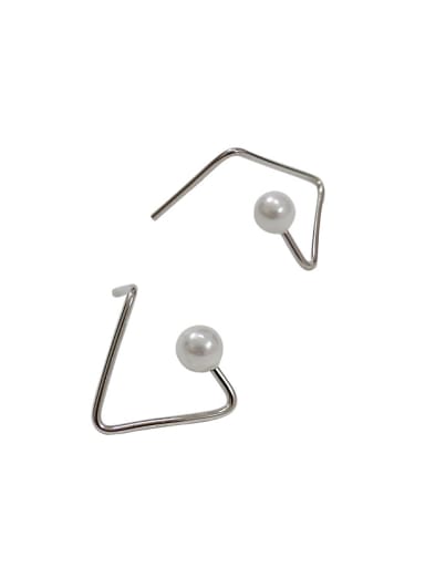 Simple Artificial Pearl Hollow Opening Triangle Silver Stud Earrings