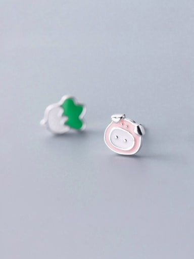 925 Sterling Silver With Silver Plated Personality Cabbage Pig Asymmetry Stud Earrings
