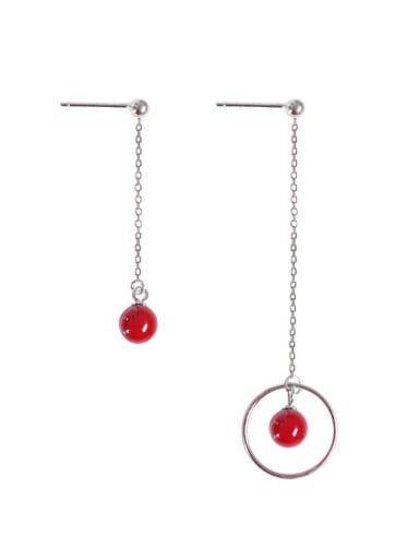 Asymmetrical Red Round Bead Drop Earrings