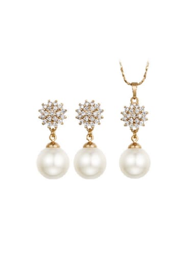 Copper Alloy 18K Gold Plated Korean style Pearl and Zircon Two Pieces Jewelry Set