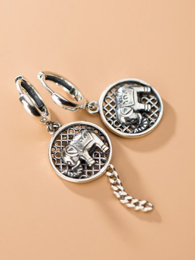 925 Sterling Silver With Antique Silver Plated Vintage Round Mesh Elephant Earrings