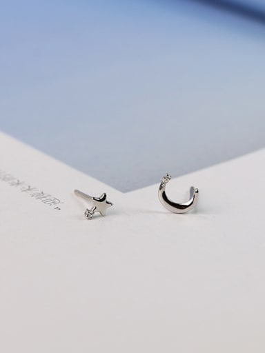 Simple Tiny Moon Star 925 Silver Stud Earrings