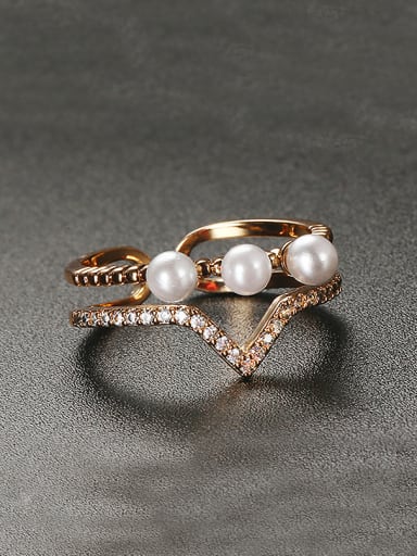 Copper Alloy 18K Gold Plated Fashion Crown-shaped Artificial Pearl Zircon Opening Ring