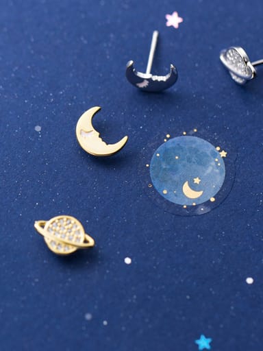 925 Sterling Silver With Silver Plated Cute Cosmic Moon Stud Earrings