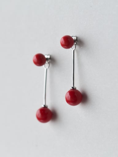 Personality Double Red Shell Beads S925 Silver Drop Earrings