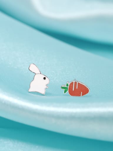 Tiny Rabbit Carrot Asymmetrical Glue 925 Silver Stud Earrings