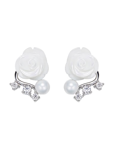 Elegant Shell White Flower Artificial Pearl Zirconias Copper Stud Earrings