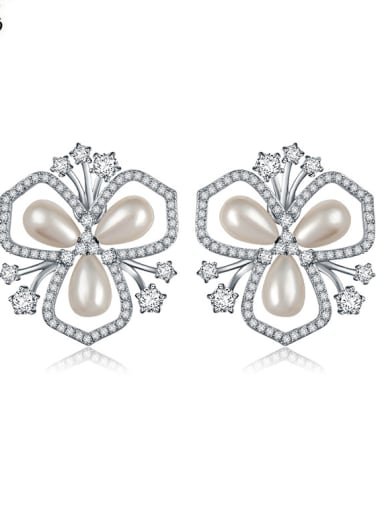 Copper With Platinum Plated Classic Flower Wedding Stud Earrings