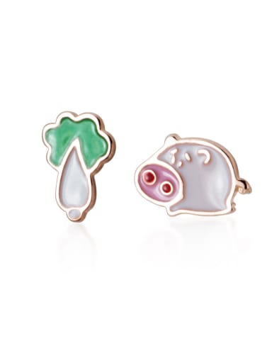 925 Sterling Silver With Enamel Cute Pig cabbage asymmetry Stud Earrings