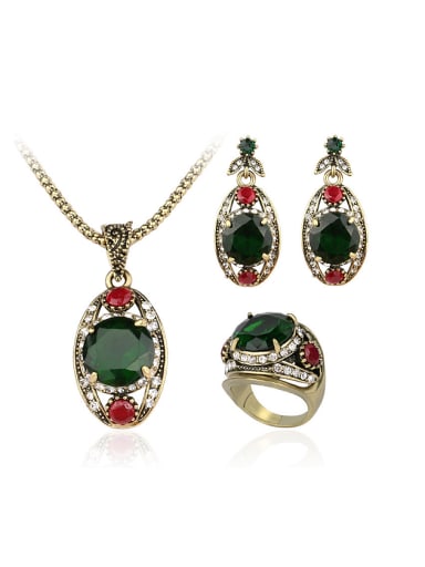 Retro style Green Glass stones White Crystals Three Pieces Jewelry Set