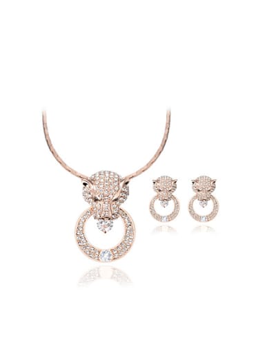Alloy Rose Gold Plated Fashion Rhinestones Leopard Head Two Pieces CZ Jewelry Set