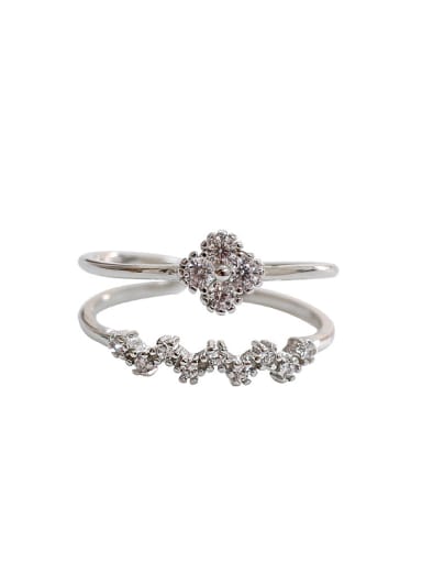 Fashion Little Zircon-studded Flowers Silver Two-band Opening Ring