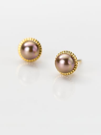 925 Sterling Silver With Gold Plated Fashion Pearl Round Stud Earrings