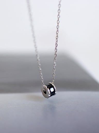 Simple Black Zircon-studded Bead Pendant Silver Necklace