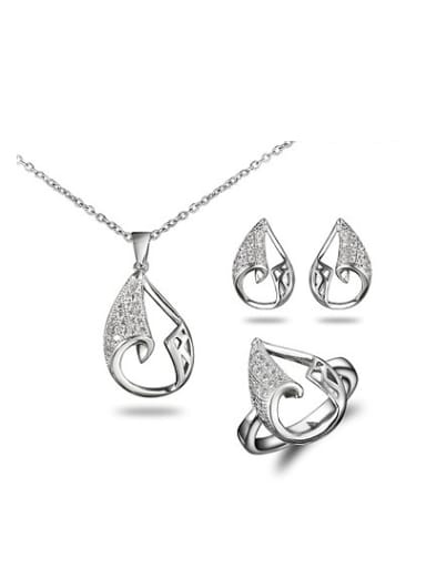 Elegant 18K White Gold Plated Water Drop Zircon Three Pieces Jewelry Set