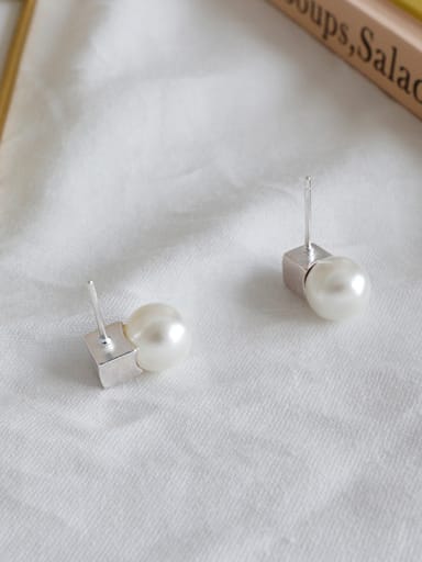 Sterling Silver Square geometric imitation pearl ear studs