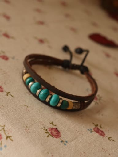 Vintage Cownhide Leather Wood Beads Bracelet