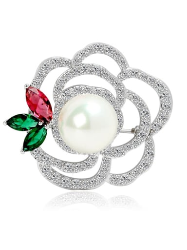 Copper inlaid AAA zircon Pearl White Rose Brooch