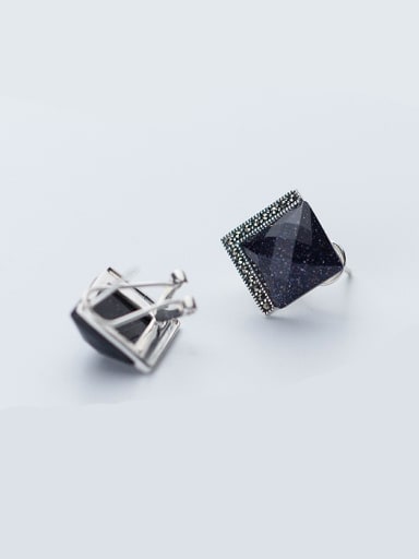 Exquisite Black Square Shaped Zircon S925 Silver Clip Earrings