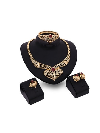 custom Alloy Imitation-gold Plated Fashion Artificial Stones Heart-shaped Hollow Four Pieces Jewelry Set