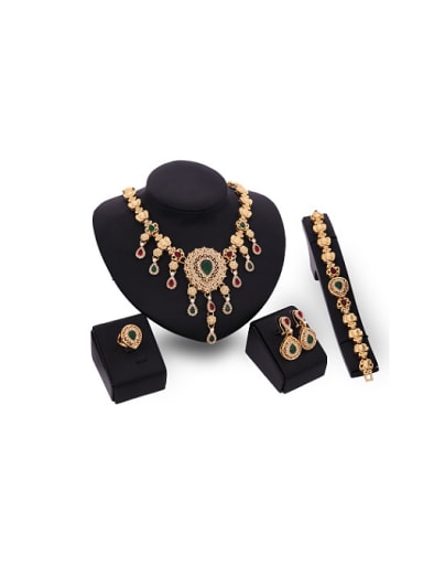 Alloy Imitation-gold Plated Vintage style Water Drop shaped Gemstones Flower Four Pieces Jewelry Set