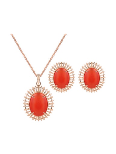 custom Alloy Imitation-gold Plated Fashion Oval Artificial Stones Two Pieces Jewelry Set