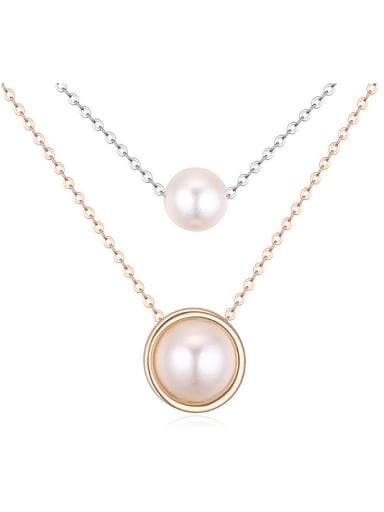 Simple Double Layer White Imitation Pearls Double Color Plated Necklace