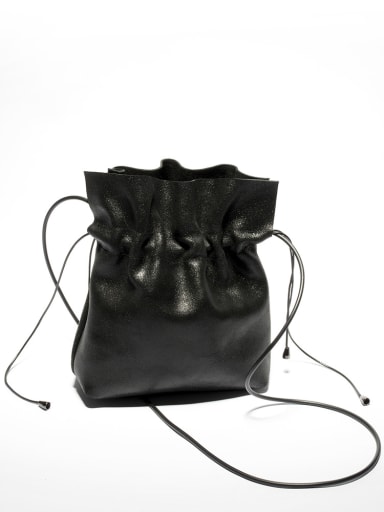 Fashion Drawstring Fisherman's Bag Black Leather Bucket Bag
