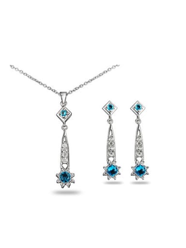 Exquisite Blue Flower Shaped Zircon Two Pieces Jewelry Set