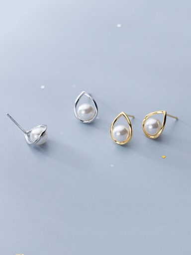 925 Sterling Silver With Artificial Pearl Simplistic Geometric Stud Earrings
