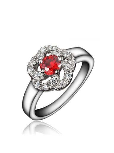 Exquisite Red Flower Shaped Zircon Platinum Plated Ring