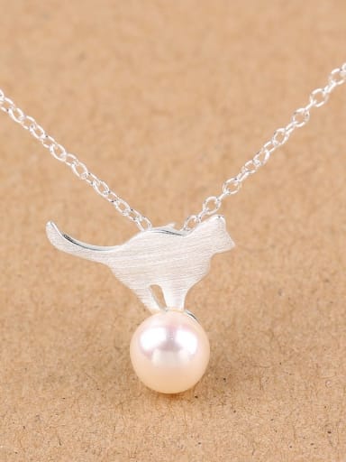 Artificial Pearl Kitten Silver Necklace