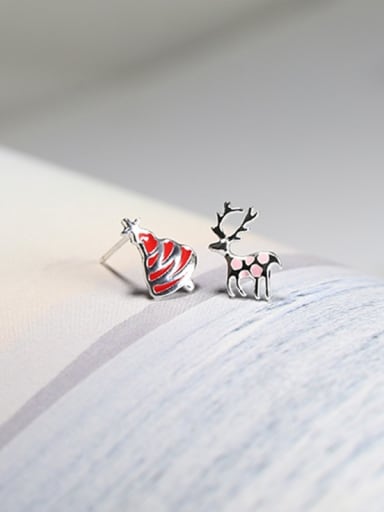 Tiny Christmas Tree Deer Asymmetrical 925 Silver Stud Earrings