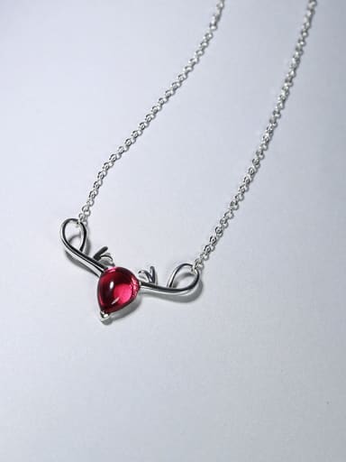 Exquisite Water Drop Red Stone Deer Antlers 925 Silver Necklace