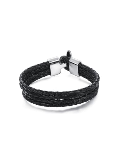 Simple Four-band Woven Black Artificial Leather Titanium Men Bracelet
