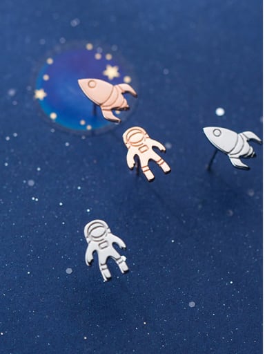 925 Sterling Silver With Silver Plated Cute Asymmetric Astronaut rocket Stud Earrings