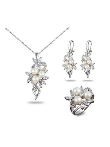 Elegant Platinum Plated Artificial Pear Three Pieces Jewelry Set