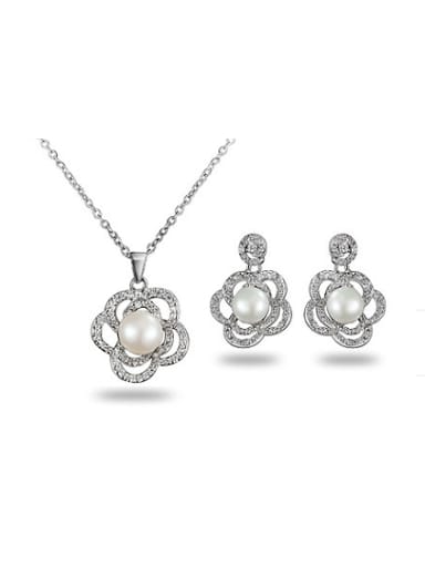 All-match Platinum Plated Flower Artificial Pearl Two Pieces Jewelry Set