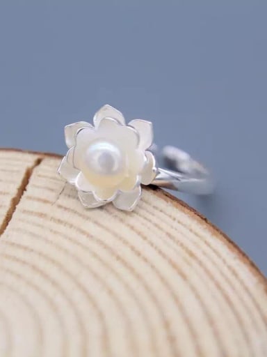 Temperament Flower Shaped Pearl Open Design S925 Silver Ring