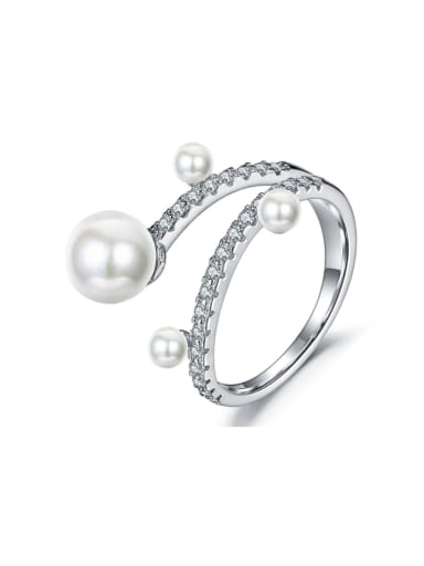 Trendy micro-inlay AAA zircon imitation pearl branch ring