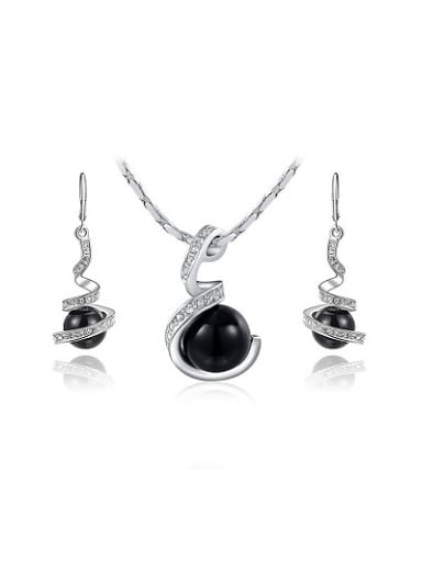 custom Alloy White Gold Plated Black Artificial Pearl Two Pieces Jewelry Set
