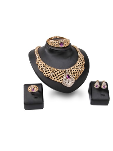 custom 2018 Alloy Imitation-gold Plated Vintage style Artificial Stones Hollow Four Pieces Jewelry Set